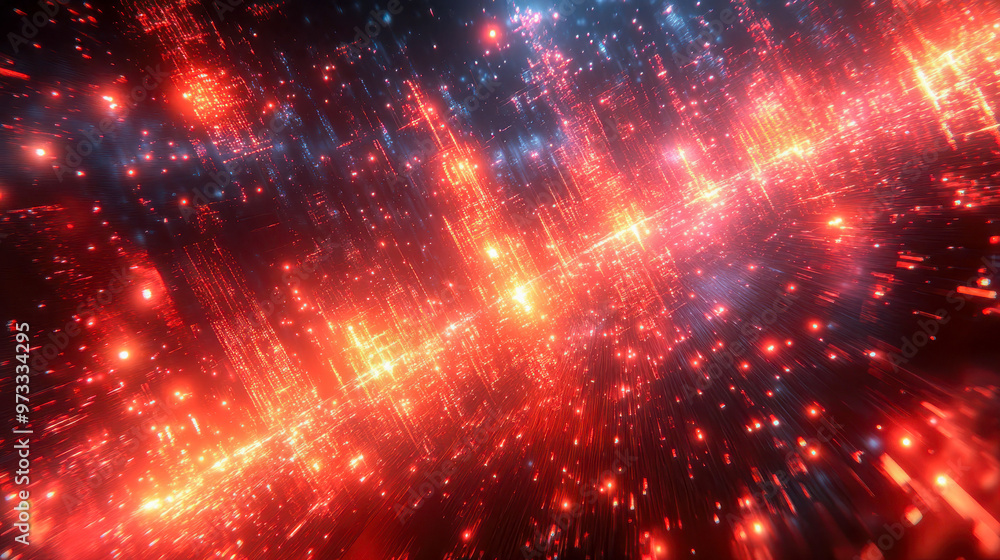 Poster a futuristic digital scene with glowing red light streaks and particles, creating a dynamic and abst