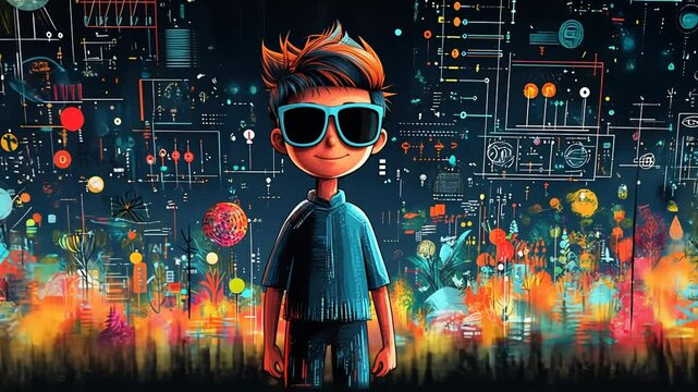 A boy in sunglasses stands in a digital world with code and data.