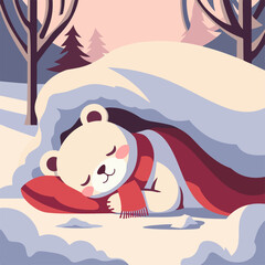 Cute white bear under a snow drift, sleeping sweetly. Flat illustration, pastel colors, simple design, soft lighting and warm atmosphere