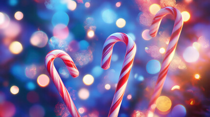 Colorful holiday background with candy canes against a vibrant bokeh backdrop, evoking festive and cheerful seasonal vibes.