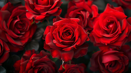 a close-up of several vibrant red roses. The soft focus on the background highlights the intricate details and rich color of the roses