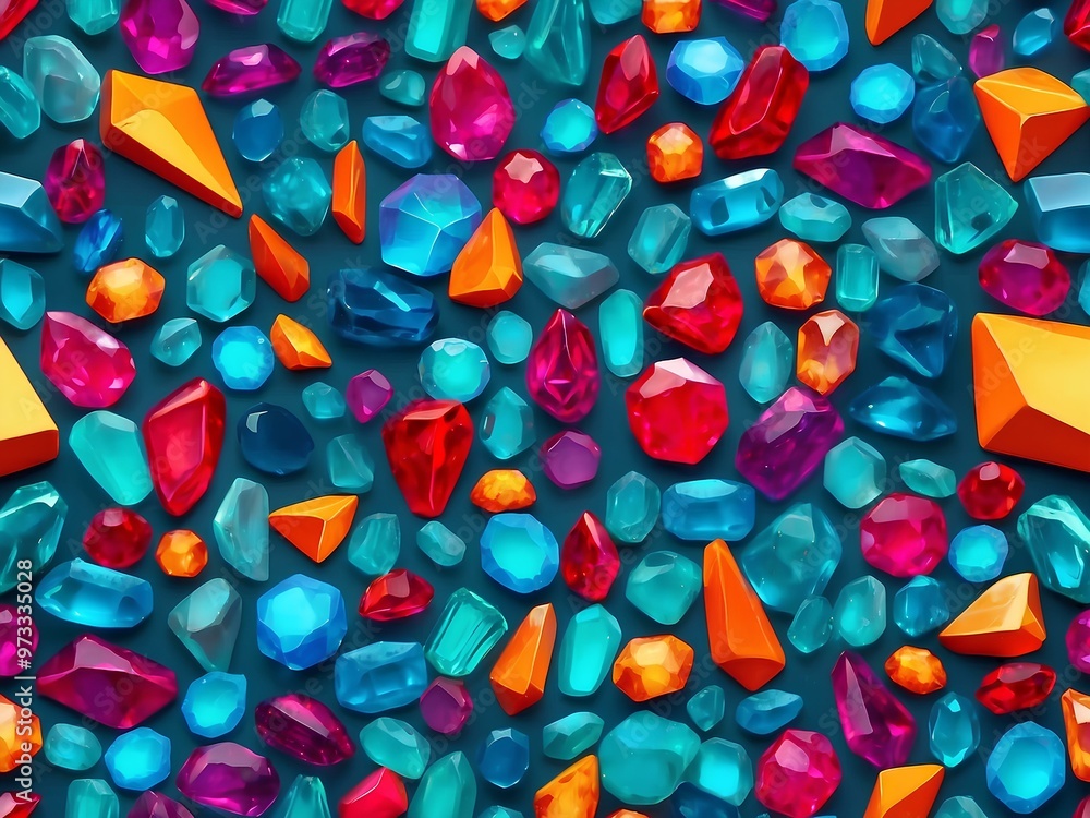 Poster colorful and glossy gemstones in various shapes scattered across a blue background creating a sparkl