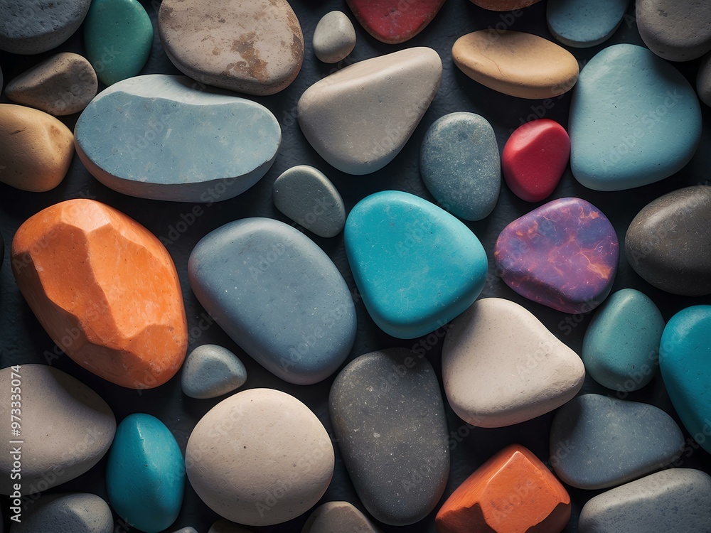 Poster colorful and smooth pebbles arranged in a natural and organic pattern with shades of orange, teal, a