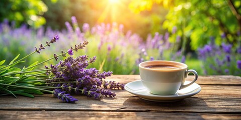 A serene morning scene unfolds with a aromatic cup of coffee adorned by sprigs of fresh lavender resting on a weathered wooden table amidst a lush garden setting, cup of coffee, lush garden