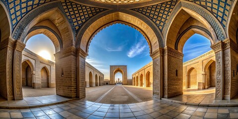Obraz premium arabesque, fisheye, landmark, traditional, doorway, Islamic, traditional architecture, ancient architecture, Arab, culture, Eastern ancient Arab arch entrance to the building Fisheye