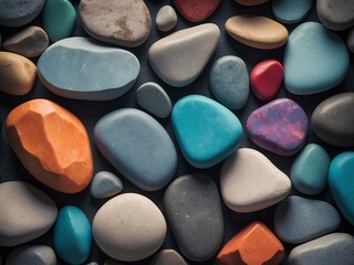 colorful and smooth pebbles arranged in a natural and organic pattern with shades of orange, teal, and gray tones creating a harmonious and relaxing visual composition