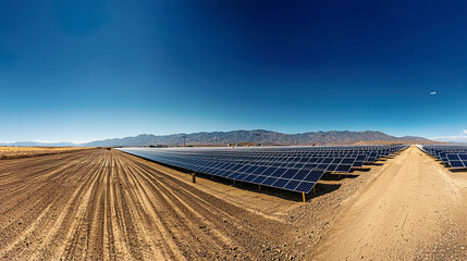 Panoramic view of a solar farm with a vast array of photovoltaic panels under a clear blue sky, showcasing the scale and organization of the clean energy installation