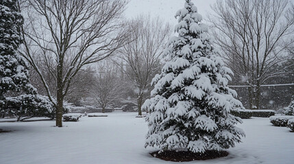 Fototapeta premium Snow-covered landscape with a tall evergreen tree during a winter snowfall in a suburban park
