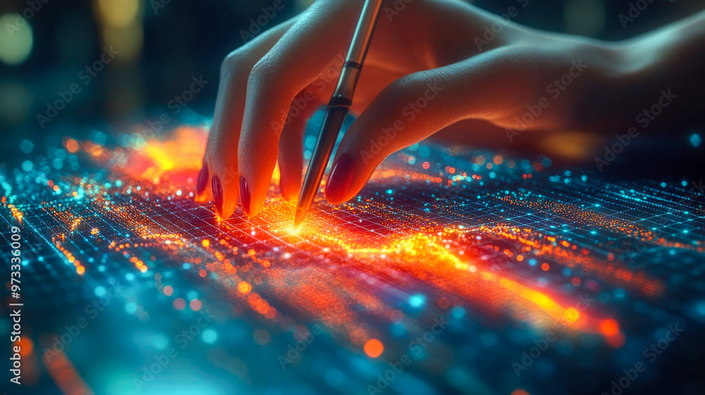 Poster a close-up of a hand interacting with a glowing digital interface, symbolizing technology and data a