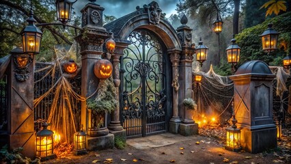 Spine-tingling cemetery gate entrance adorned with cobwebs, skeletons, and eerie lanterns sets the tone for a hauntingly spooky Halloween night atmosphere.