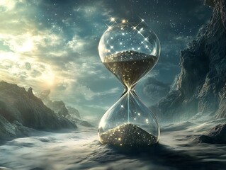 An hourglass filled with stars slowly trickles stardust, representing the passage of time on a cosmic scale and the vastness of existence.
