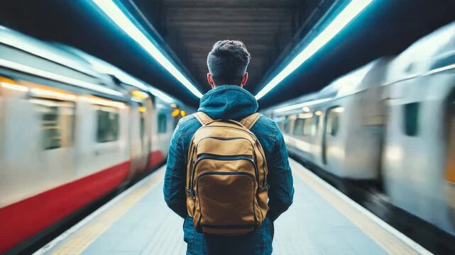 A young man stands still on the platform while trains swiftly enter and exit the station, capturing the rush of urban life
