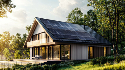 Obraz premium Side-angle shot of a modern home with solar panels on the gable roof, natural light casting reflections, crisp details of the roof and surrounding landscape, ultra-realistic scene