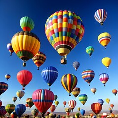 Obraz premium Bright hot air balloons floating in the clear sky, symbolizing exploration, freedom, and outdoor adventure during a sunny day