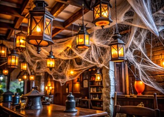 Spooky decorations and cobweb-draped lanterns transform a rustic pub into a haunted hideaway for a festive and