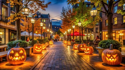Spooky decorations and eerie lighting transform a modern city centre into a haunting atmosphere, perfect for trick-or-treaters and Halloween revelers.