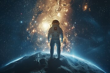 Obraz premium An astronaut stands on a moon-like surface, gazing at a distant galaxy, full of stars, in the vastness of space.