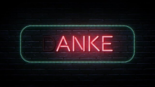 Red and blue neon Danke word animation. Suitable for video intro or greetings. Neon animated video on a brick wall background, welcome words in German. 4K