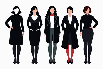 full body 5 business women casual black silhouette vector illustration. separate image and different style with Coat And Tie on white background