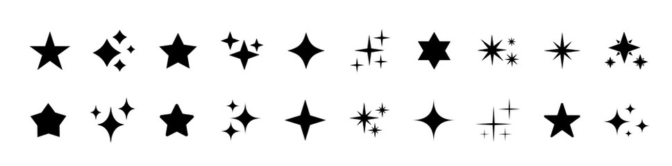 Stars icon collection. Different star shapes. Black stars icon set.  Sparkle star icon set. Falling stars . Vector illustration