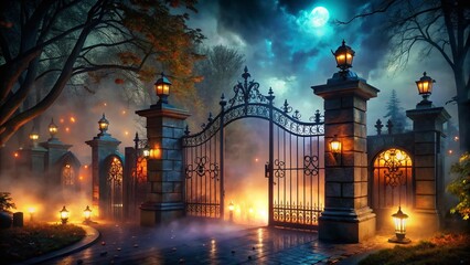 Spooky illuminated gates and eerie fog-shrouded entrance welcome thrill-seekers to a terrifying celebration of darkness, terror, and sinister delights on a haunted autumn night.
