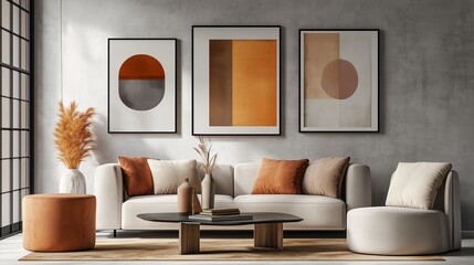 Stylish living room interior with modern decor featuring warm colors and artistic wall prints in a serene setting