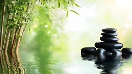 Obraz premium A serene image of a body of water with a few black stones floating on top