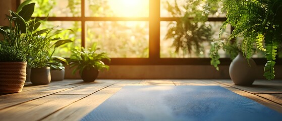 A room with a blue yoga mat on the floor and several potted plants