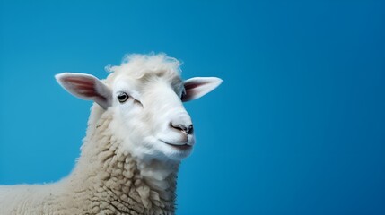 Fototapeta premium portrait of a sheep on blue.