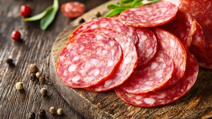 Sliced salami, showcasing the fine textures and rich colors of this popular cured meat, inviting a taste of culinary tradition.