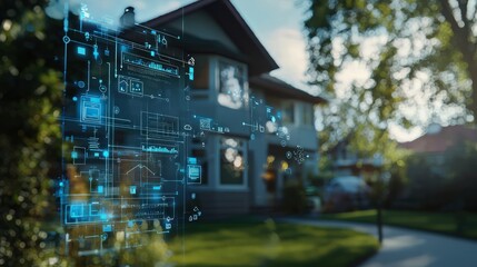 Smart home system interface powered by machine learning technology, shown with a blurred background.