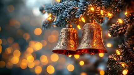 Two golden christmas bells hanging from a snowy christmas tree with twinkle lights