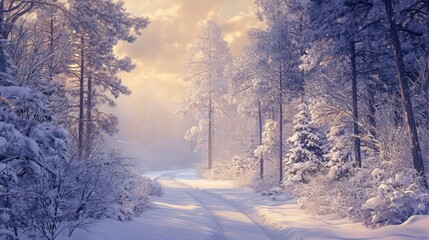 Fototapeta premium Soft evening light envelops a tranquil snowy forest, enhancing the serene and peaceful winter landscape.