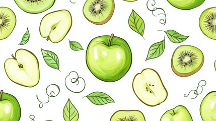 Green apples, kiwi, and curly leaves isolated on a white background. Seamless pattern with apples, kiwis. green fruits in a hand-drawn style for textile design or wallpaper.