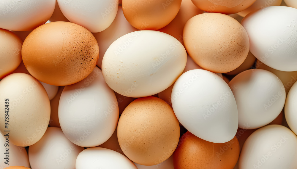 Poster a bunch of eggs with some of them being white and some of them being brown. the eggs are all differe