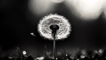 A detailed black and white close-up of a dandelion seed head, capturing the delicate structure and intricate patterns. The monochrome tones emphasize the fragile beauty and simplicity of nature.