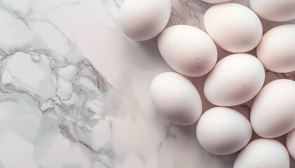 A dozen eggs are laid out on a marble countertop. The eggs are white and appear to be fresh. The marble countertop is clean and shiny, and the eggs are arranged in a neat pile