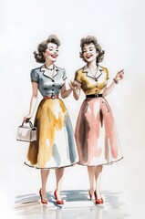 Artistic Watercolor Illustration of Laughing Twin Women in 1950s Fashion with a Bag, Vintage Style on White Background