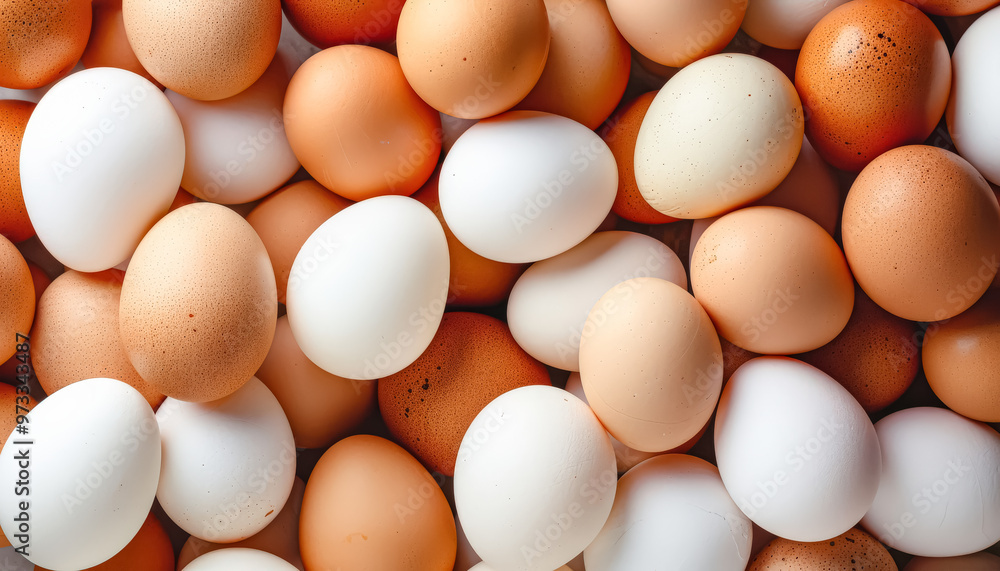 Poster a bunch of eggs with some of them being white and some of them being brown. the eggs are all differe