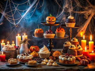 Spooky sweets and sinister treats adorn a dimly lit table, surrounded by cobwebs, candles, and eerie decorations,