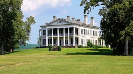 A large white mansion with a columned porch stands on a grassy hill, surrounded by trees and a blue sky with white clouds.