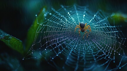 Glistening raindrops on a spider web