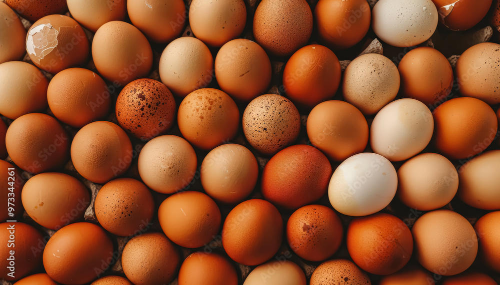 Poster a bunch of eggs with some of them being white and some of them being brown. the eggs are all differe