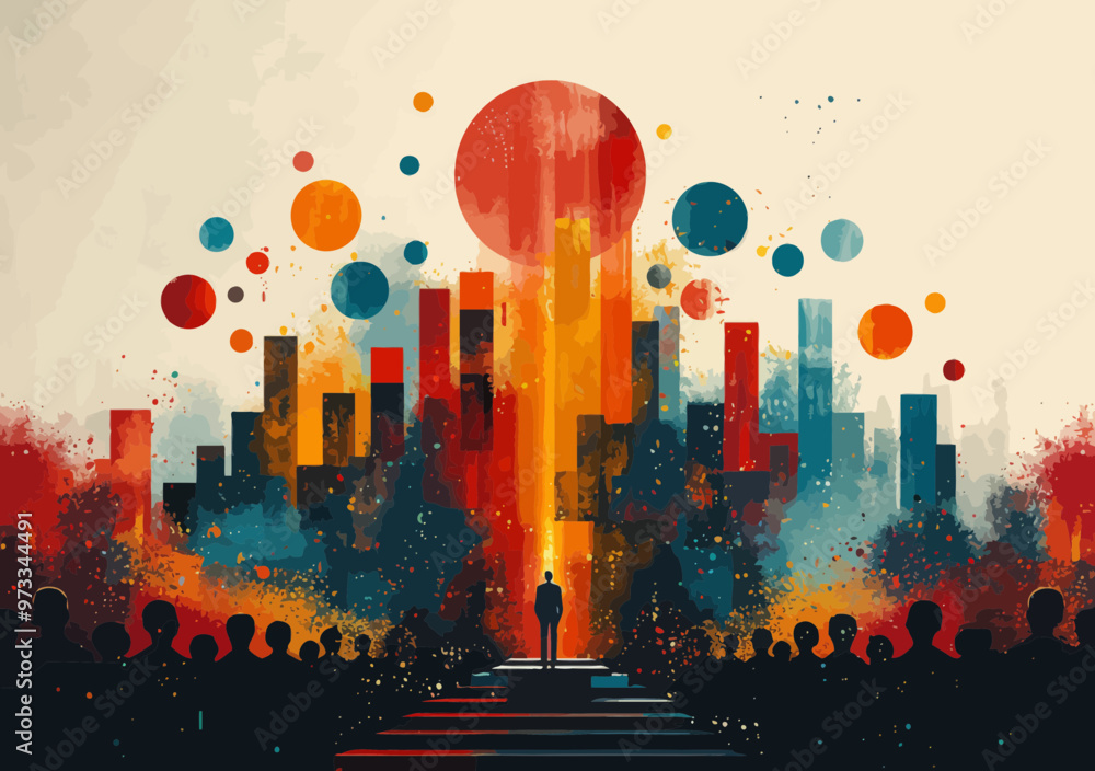 Poster inspirational public speaker in colorful abstract setting - business education and motivation concep