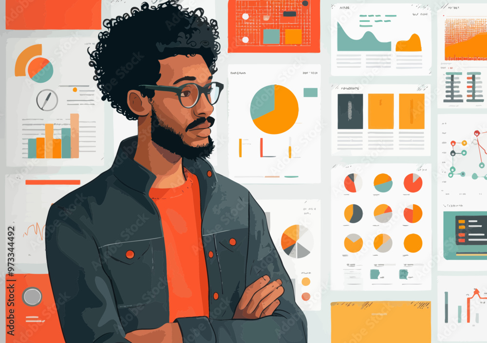 Poster young manager presenting business idea and plan with charts and graphs in minimalistic vector illust