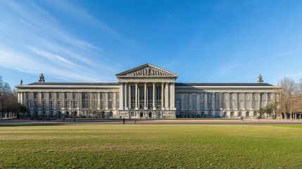 Obraz premium A large, neoclassical building with a pediment and columns stands on a grassy field with people walking in the foreground. The sky is blue with wispy clouds.