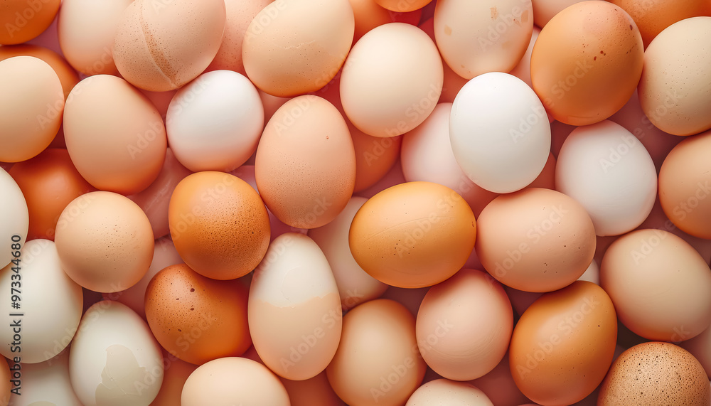 Poster a bunch of eggs with some of them being white and some of them being brown. the eggs are all differe