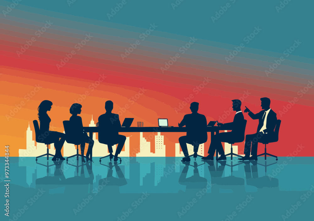 Poster manager leading business presentation to team sitting around table with copy space for text in minim