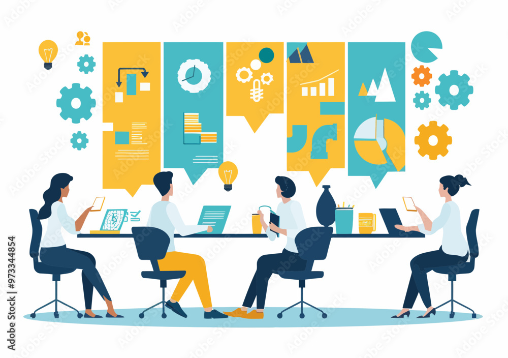 Poster team collaboration on business project planning in modern office setting with data visualization cha