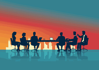 Manager Leading Business Presentation to Team Sitting Around Table with Copy Space for Text in Minimalistic Vector Illustration at Dusk with Urban Skyline in Background